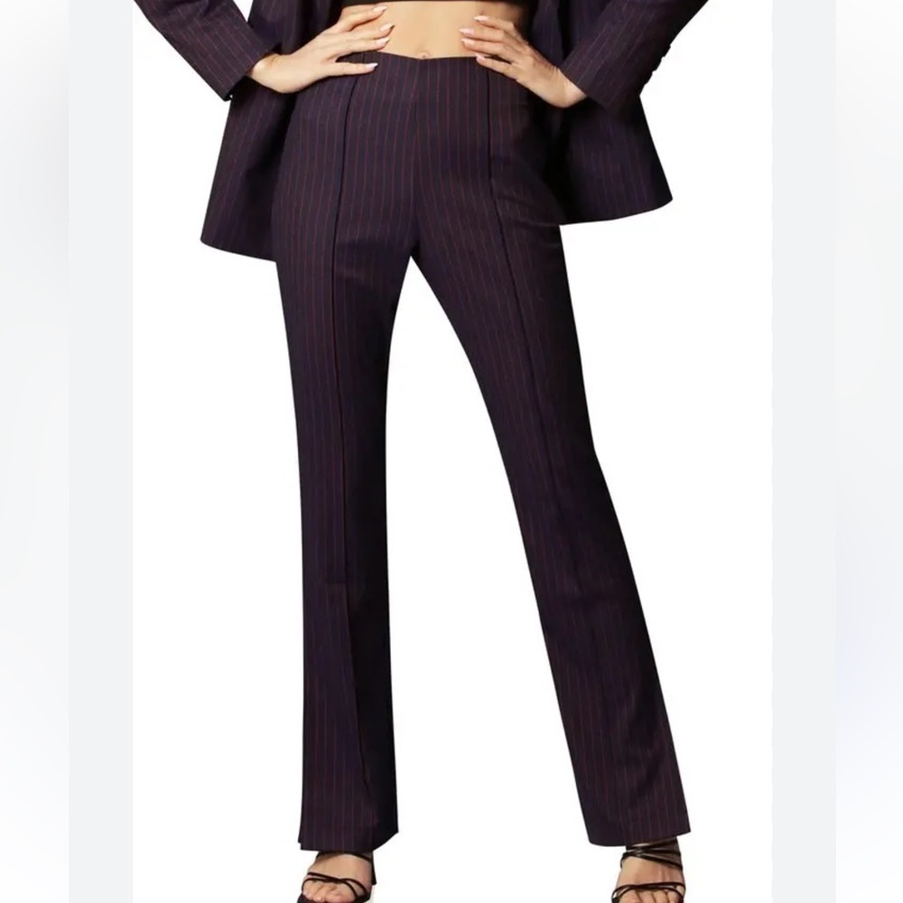 Avec Les Filles Pinstripe Slim Fit Split  Hem Flare Pants Deep Navy Red Size XS